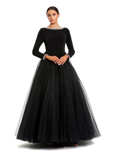 Mac Duggal 56186 Black Long Sleeve Pearl Embellished Tulle Ball Gown Size 18